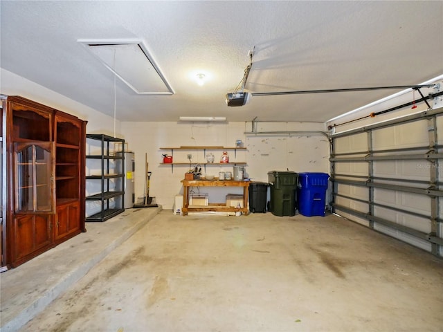 garage featuring a garage door opener and water heater