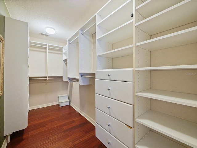 spacious closet with visible vents and dark wood-style flooring