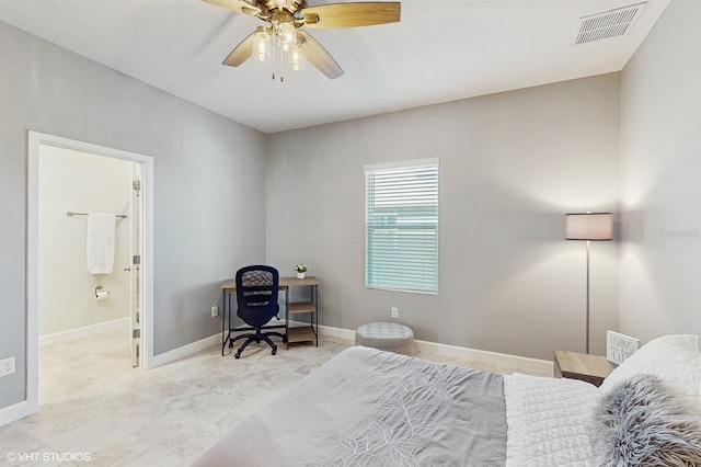 bedroom with visible vents, connected bathroom, baseboards, and ceiling fan