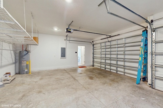 garage featuring electric panel, electric water heater, and a garage door opener