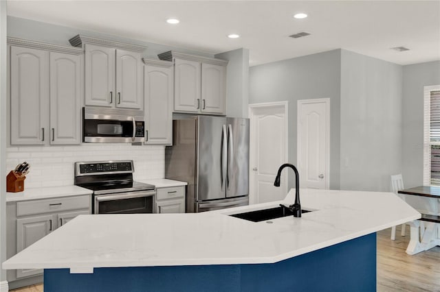 kitchen with a sink, visible vents, appliances with stainless steel finishes, backsplash, and light wood finished floors