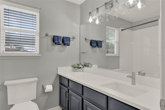 bathroom with a shower, vanity, and toilet