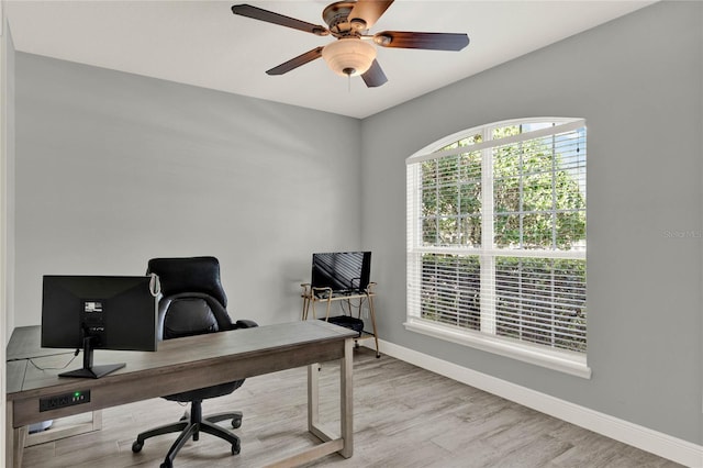 office featuring ceiling fan, baseboards, and wood finished floors