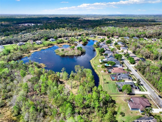 bird's eye view with a water view and a view of trees