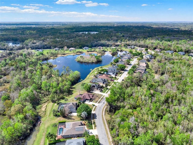 bird's eye view featuring a water view and a view of trees