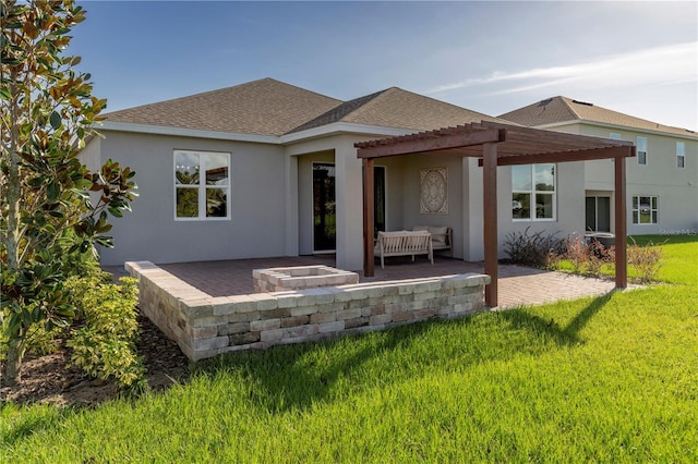 1578 Sky Lakes Dr, Saint Cloud, FL 34769 - back of property featuring a pergola, stucco siding, a lawn, roof with shingles, and a patio area