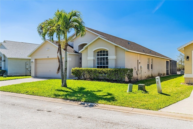 ranch-style house with a front yard, a garage, driveway, and stucco siding