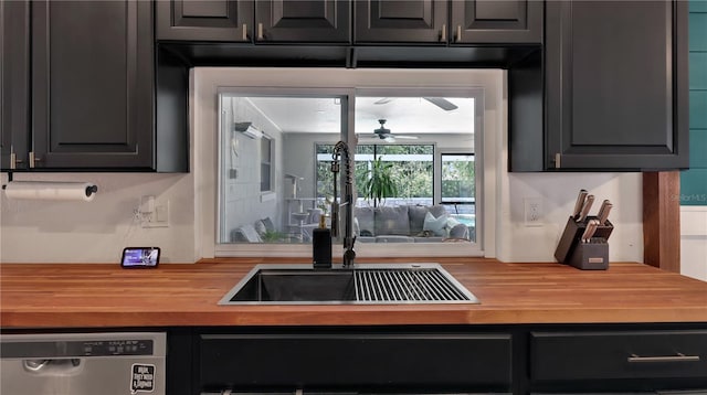 kitchen with a sink, ceiling fan, stainless steel dishwasher, and wood counters