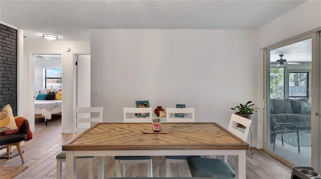 dining space featuring a textured ceiling, ceiling fan, and light wood finished floors