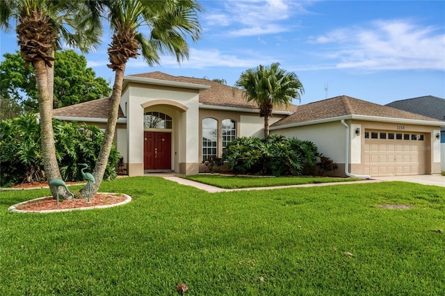 view of front of house with stucco siding, a shingled roof, concrete driveway, a garage, and a front lawn