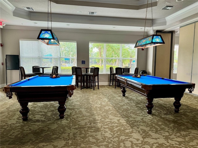 recreation room with pool table, a tray ceiling, and carpet floors