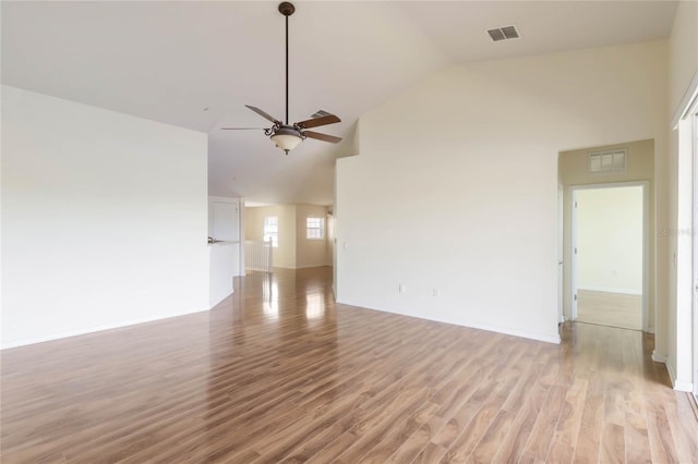 unfurnished living room featuring high vaulted ceiling, visible vents, light wood finished floors, and a ceiling fan