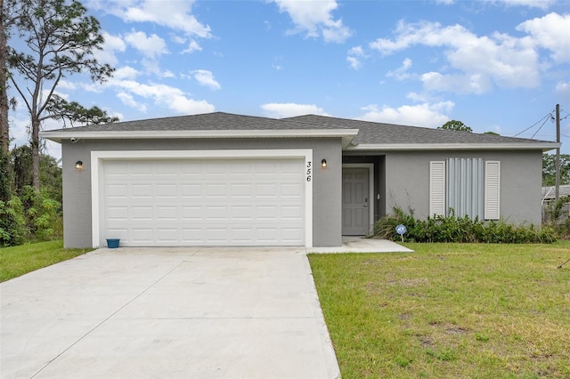 single story home featuring stucco siding, driveway, a front lawn, roof with shingles, and an attached garage