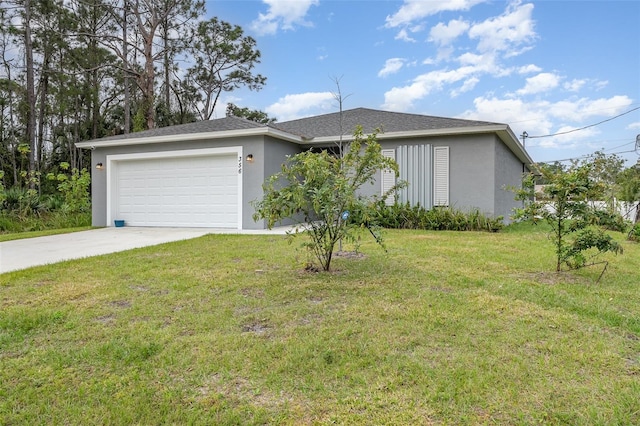 single story home with a front lawn, concrete driveway, roof with shingles, stucco siding, and a garage