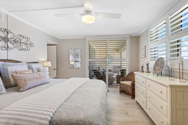 bedroom with a ceiling fan, light wood-style flooring, and crown molding