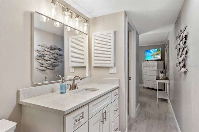 bathroom featuring vanity, wood finished floors, and baseboards