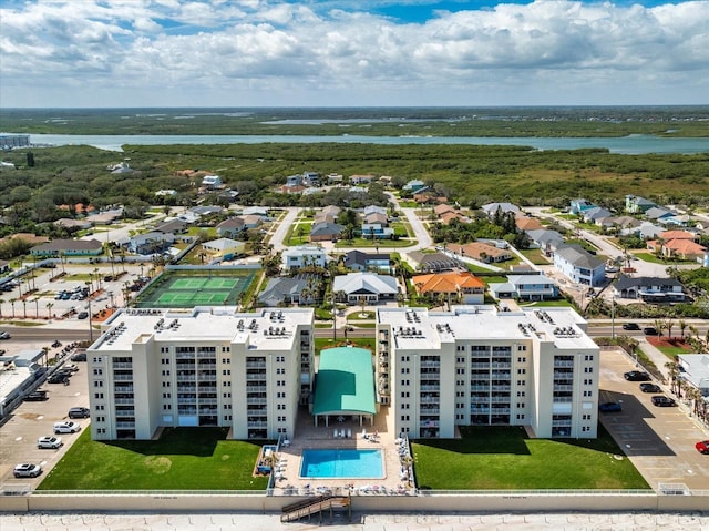 drone / aerial view with a water view