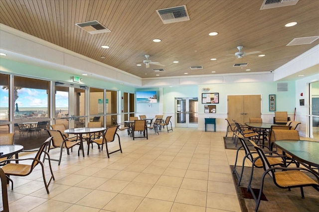 dining area with visible vents, wood ceiling, and crown molding