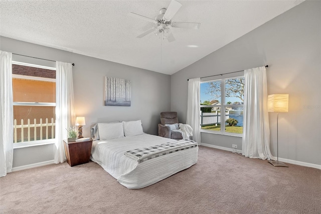 carpeted bedroom with lofted ceiling, baseboards, and a textured ceiling