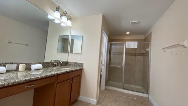 full bath featuring tile patterned flooring, visible vents, a shower stall, baseboards, and vanity