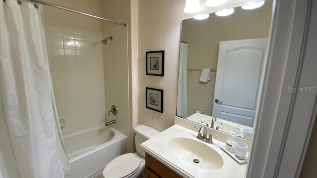 full bath with vanity, toilet, and shower / tub combo with curtain