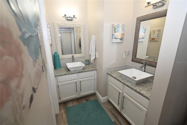 bathroom featuring a sink, two vanities, and wood finished floors