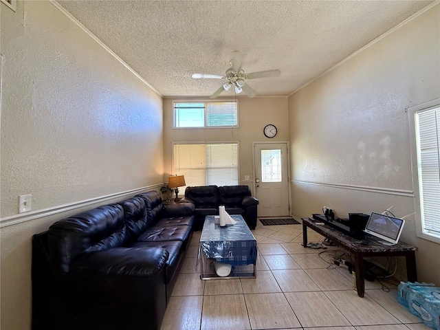 living area featuring a textured ceiling, a textured wall, and crown molding