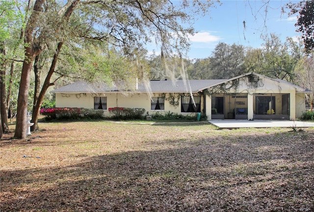 rear view of property featuring a patio, a lawn, and stucco siding