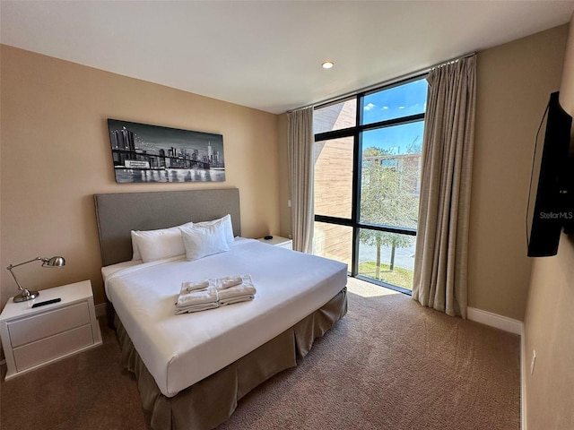 carpeted bedroom with baseboards and a wall of windows