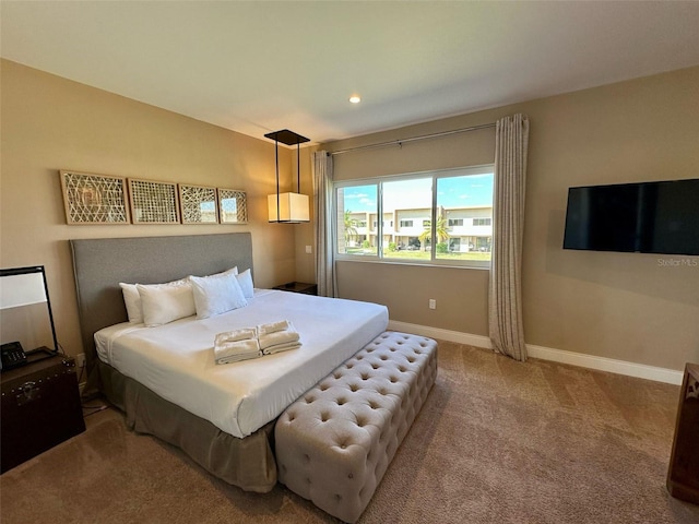 bedroom with carpet, baseboards, vaulted ceiling, and recessed lighting