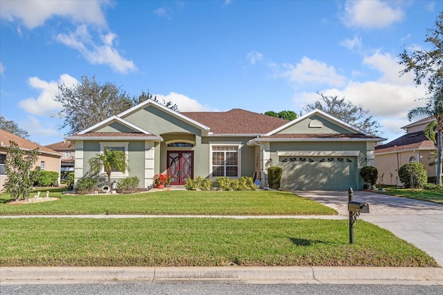 ranch-style home featuring stucco siding, a front lawn, a garage, and driveway