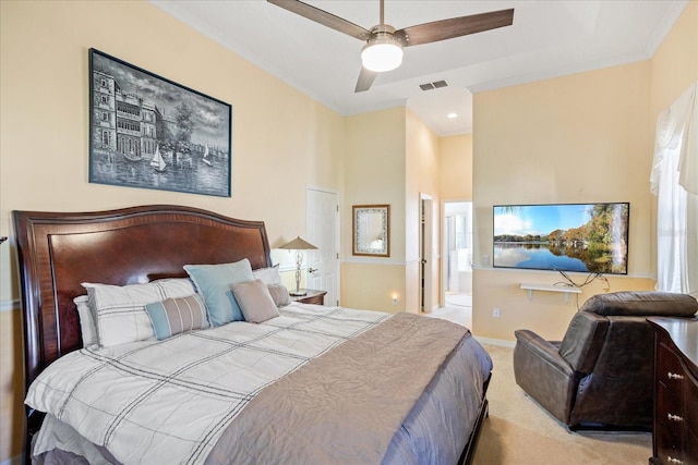 bedroom with visible vents, a ceiling fan, carpet floors, crown molding, and baseboards