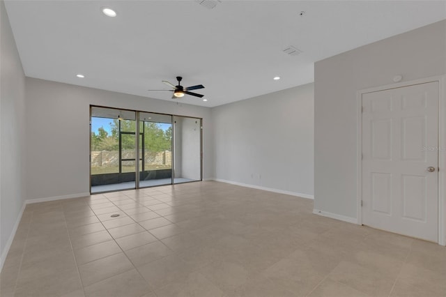 empty room with light tile patterned floors, baseboards, a ceiling fan, and recessed lighting