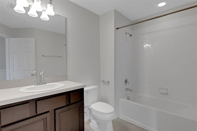 full bath featuring toilet, shower / bath combination, tile patterned flooring, and vanity