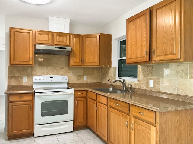 kitchen featuring backsplash, brown cabinets, white electric range, under cabinet range hood, and a sink