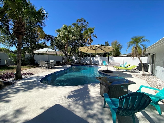 view of pool featuring a fenced in pool, a fenced backyard, and a patio