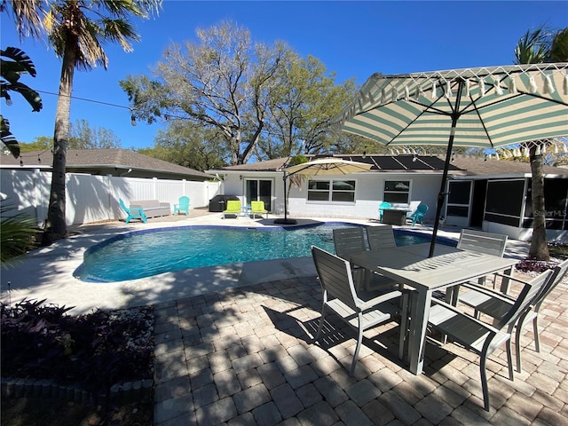 view of swimming pool with a patio area, a fenced backyard, outdoor dining area, and a fenced in pool