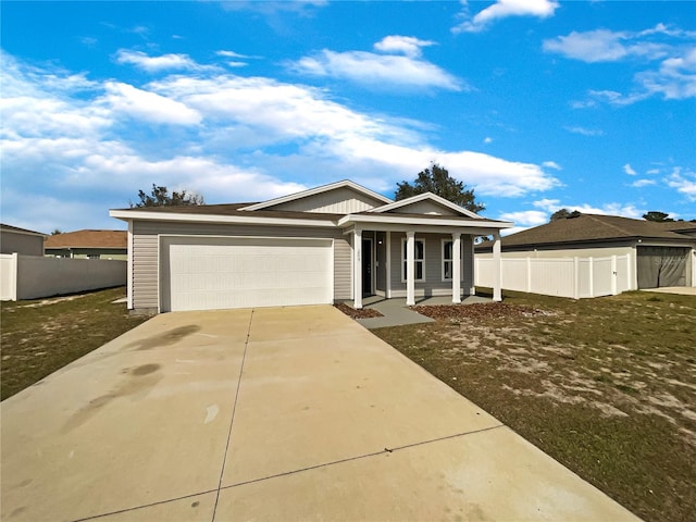 ranch-style home featuring driveway, covered porch, an attached garage, and fence