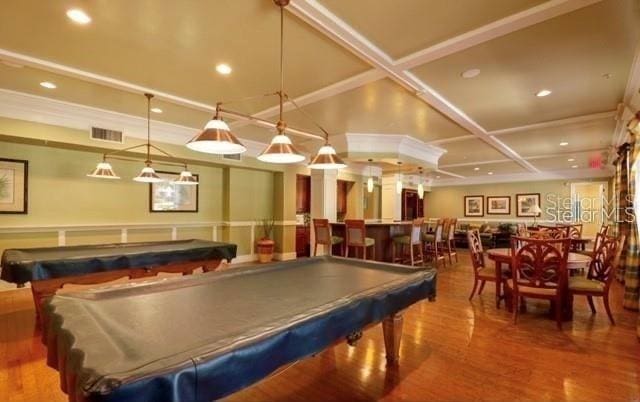 rec room with recessed lighting, pool table, visible vents, wood finished floors, and coffered ceiling