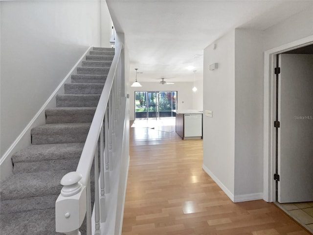 stairway with ceiling fan, baseboards, and wood finished floors