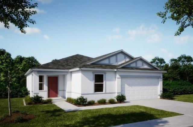 view of front facade featuring an attached garage, a shingled roof, driveway, stucco siding, and a front yard