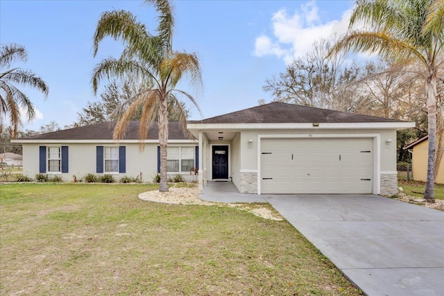 single story home with an attached garage, driveway, stone siding, stucco siding, and a front yard