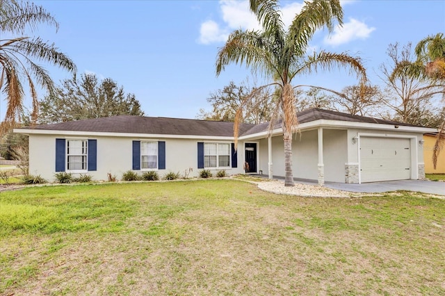 single story home featuring a front lawn, driveway, an attached garage, and stucco siding