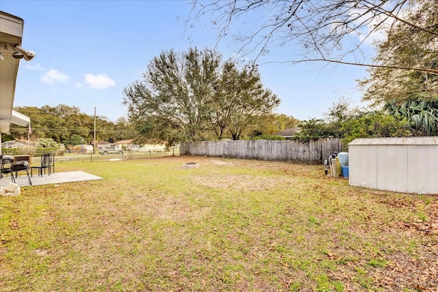 view of yard featuring an outbuilding, a patio, a storage unit, and a fenced backyard