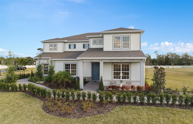 view of front of property with a shingled roof, a front yard, and fence