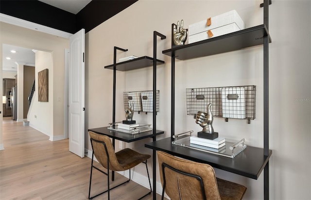 home office with recessed lighting, wood finished floors, decorative columns, and baseboards