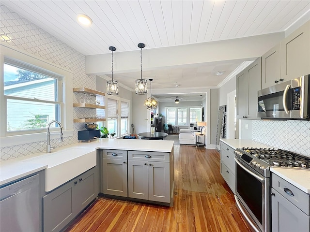 kitchen with gray cabinetry, appliances with stainless steel finishes, open floor plan, a sink, and a peninsula