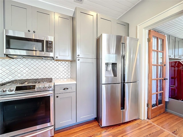 kitchen featuring light wood finished floors, tasteful backsplash, appliances with stainless steel finishes, and gray cabinetry