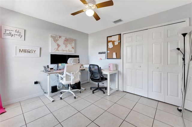 68 Herring Ct, Kissimmee, FL 34759 - office area featuring light tile patterned flooring, visible vents, baseboards, and a ceiling fan