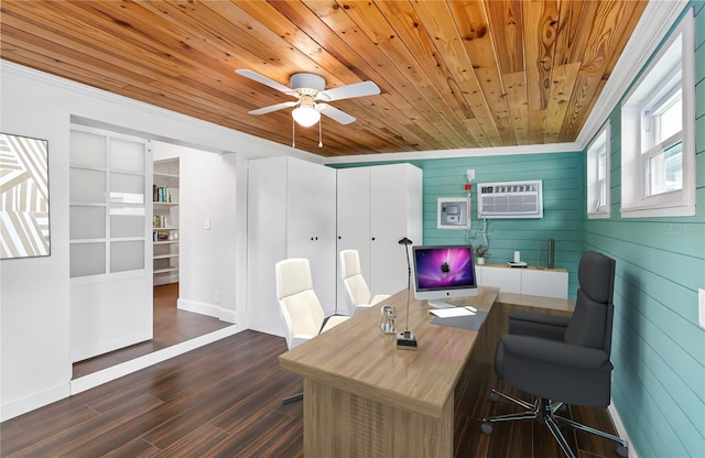 office featuring a ceiling fan, a wall unit AC, dark wood-style floors, wood ceiling, and ornamental molding